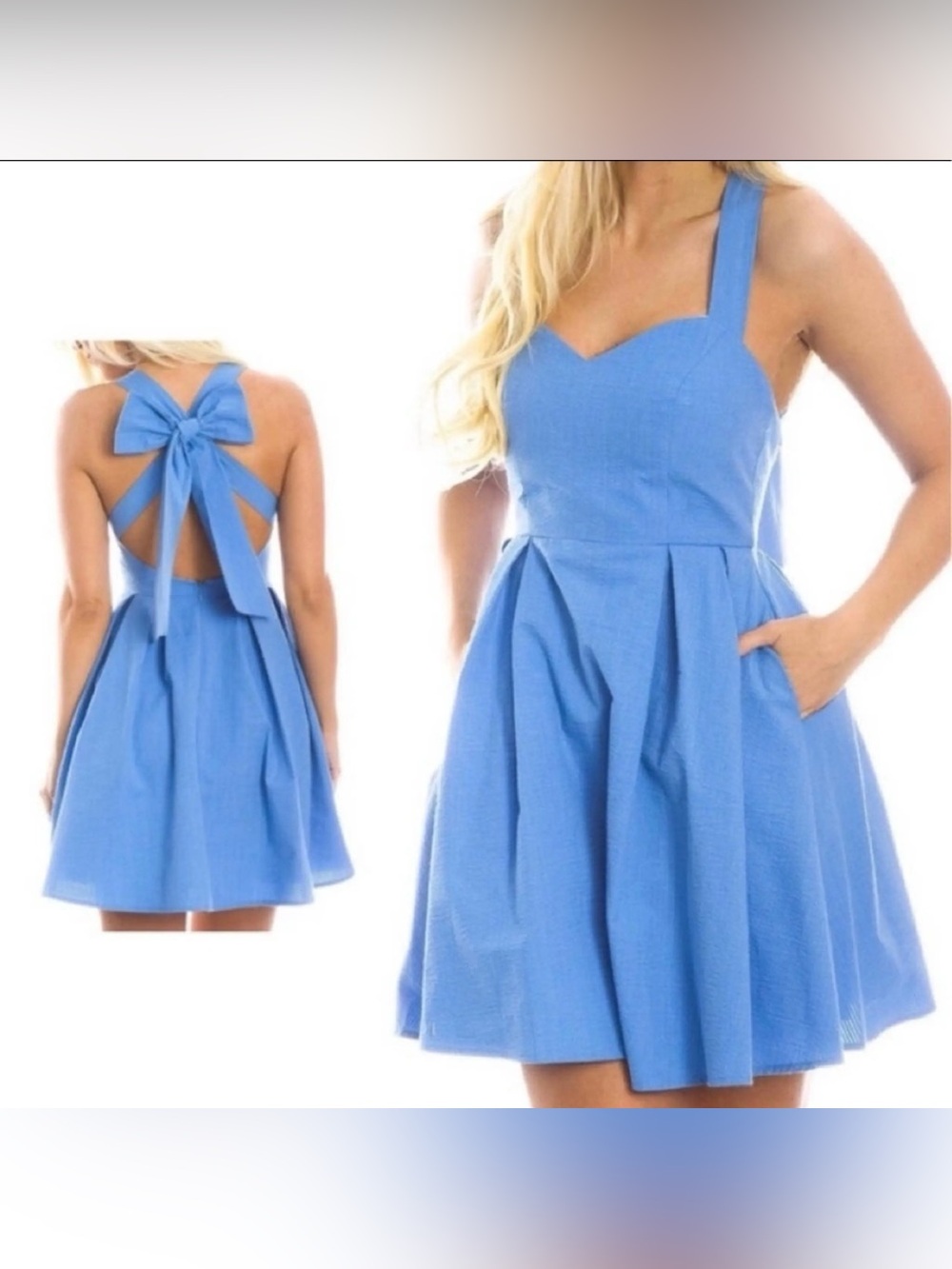 Lauren James Sky-Blue Bow Back Fit-and-Flare Mini Dress